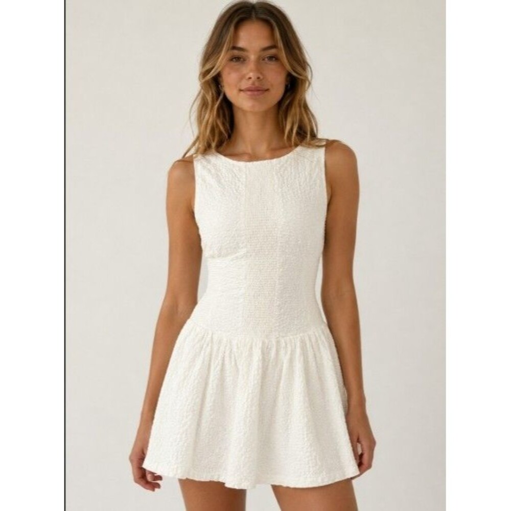 Free People Aniston Mini Dress Ivory Open Back Polka Dot Bow Textured Size M - Picture 2 of 7